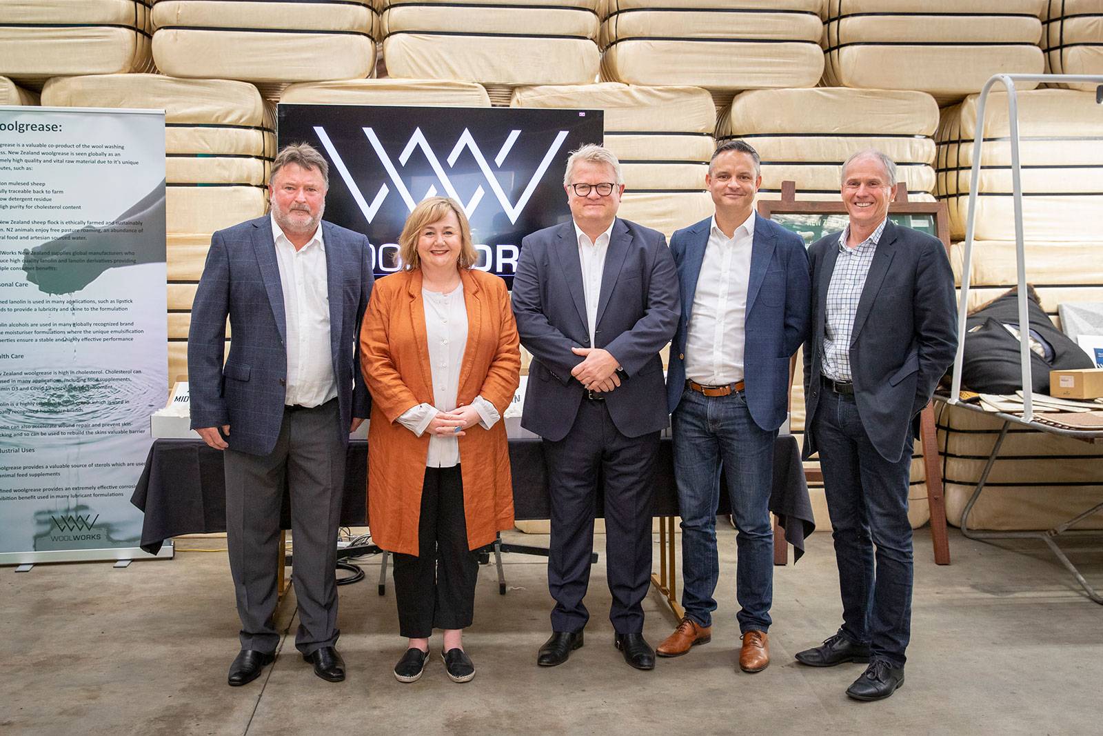 Nigel Hales, Megan Woods, David Ferrier, James Shaw, Andrew Caseley at WoolWorks.