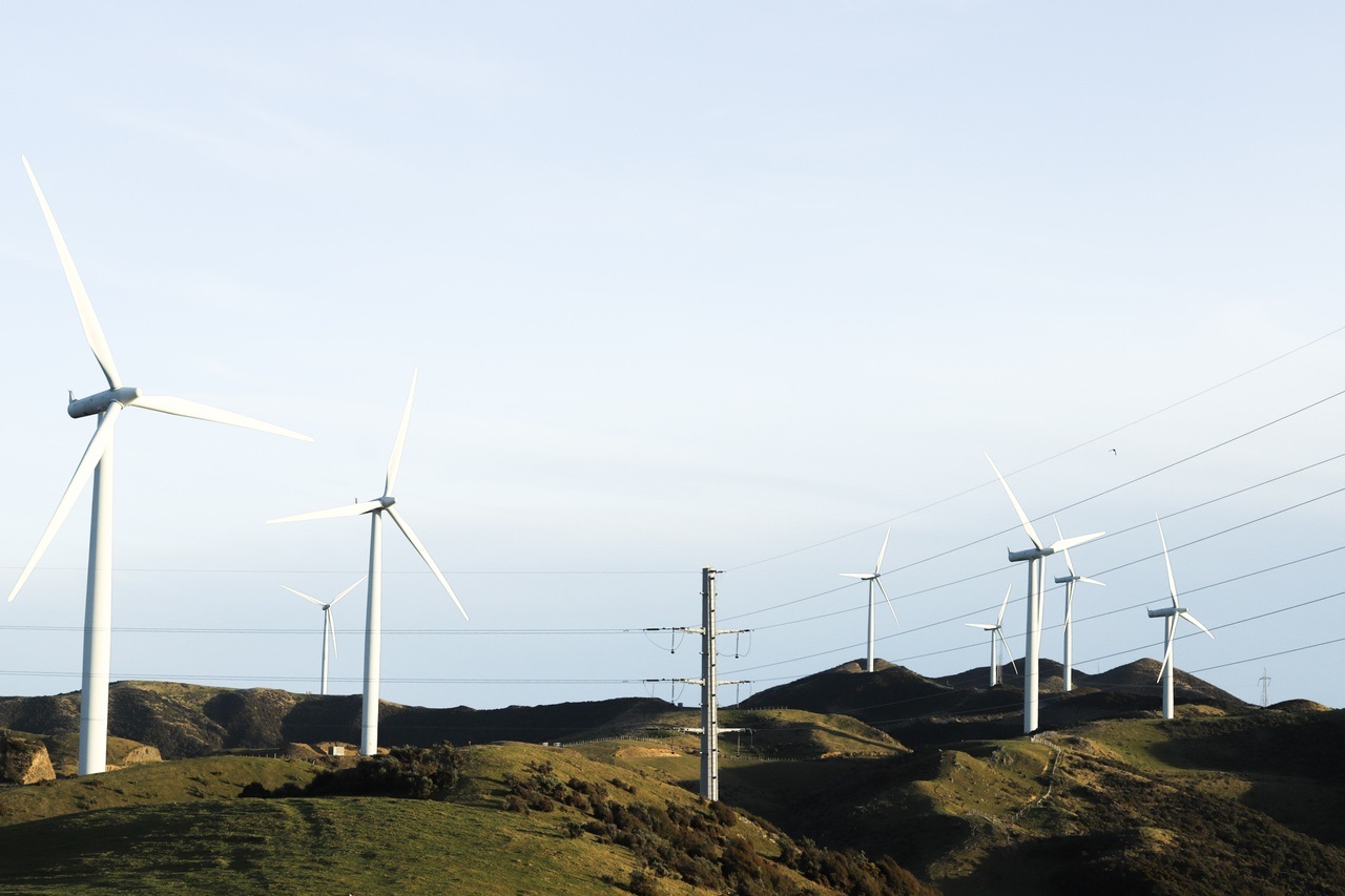 Transmission lines run through Makara windfarm, Wellington.. 