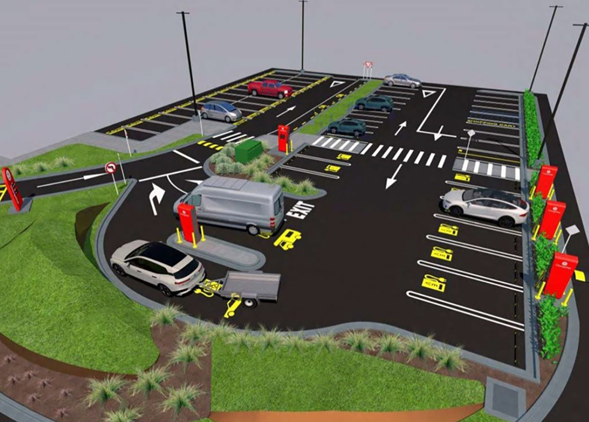 Render of public charging hub set to be installed at Tauriko, Tauranga. Source: ChargeNet. 