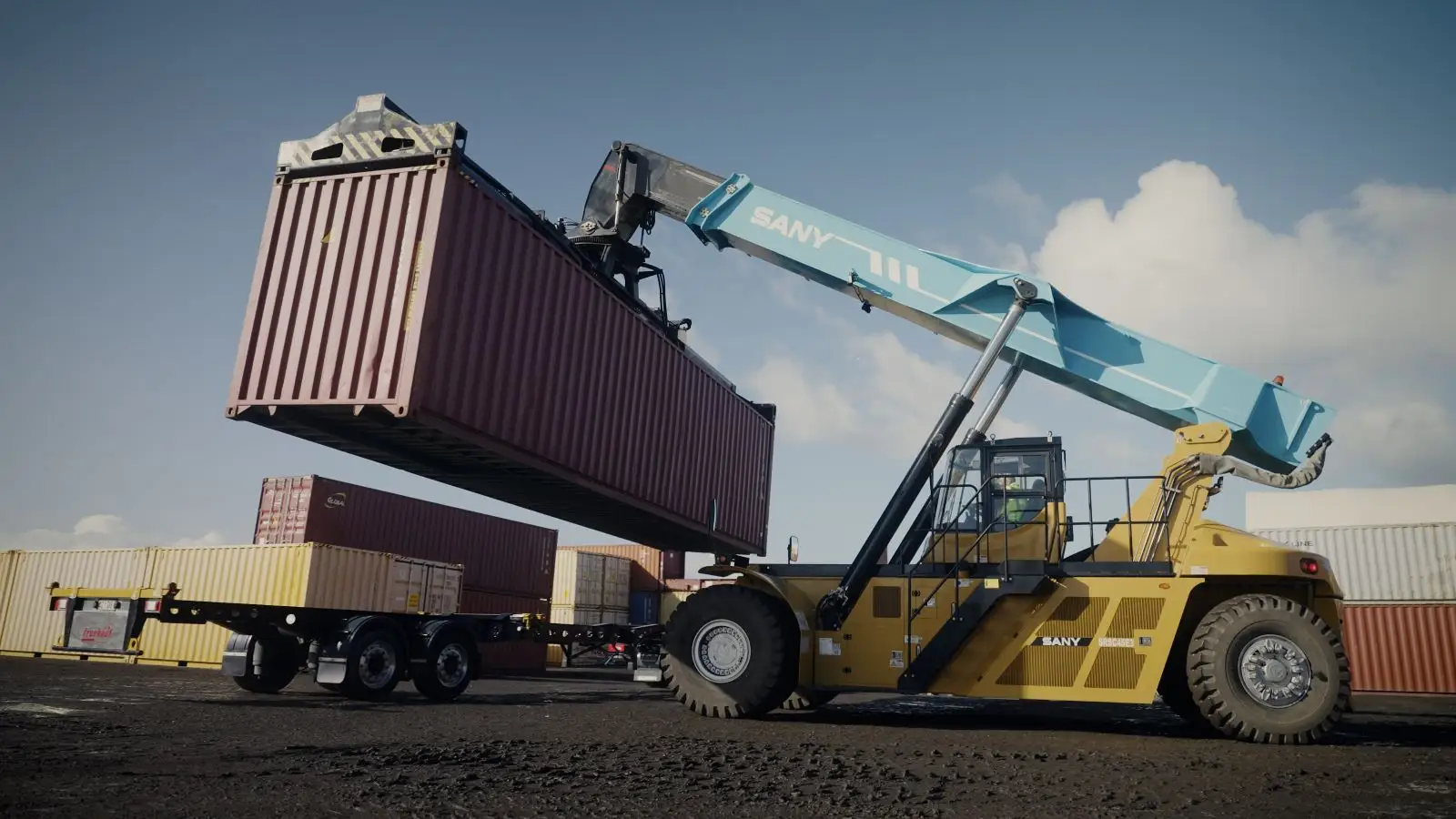 Reliance Transport's electric reach stacker in action..